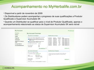 Acompanhamento no MyHerbalife.com.br  Disponível a partir de novembro de 2009 Os Distribuidores podem acompanhar o progresso de suas qualificações a Produtor Qualificado e Supervisor Acumulado 5K Quando um Distribuidor se qualificar para o nível de Produtor Qualificado, apenas o acompanhamento relacionado ao status de Supervisor Acumulado 5K será visível 