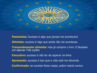  Pessimista: Sucesso é algo que jamais me acontecerá 
 Otimista: sucesso é algo que ainda não me aconteceu 
 Tremendamente otimista: mas já comprei o livro O Sucesso 
em Apenas Três Lições. 
 Executivo: sucesso é não ter de esperar na linha 
 Apressado: sucesso é isso que a vida está me devendo 
 Conformado: se sucesso fosse caspa, pobre nascia careca 
 