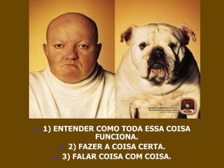  1) ENTENDER COMO TODA ESSA COISA 
FUNCIONA. 
 2) FAZER A COISA CERTA. 
 3) FALAR COISA COM COISA. 
 