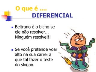 O que é .... 
DIFERENCIAL 
 Beltrano é o bicho se 
ele não resolver... 
Ninguém resolve!!! 
 Se você pretende voar 
alto na sua carreira 
que tal fazer o teste 
do slogan. 
 