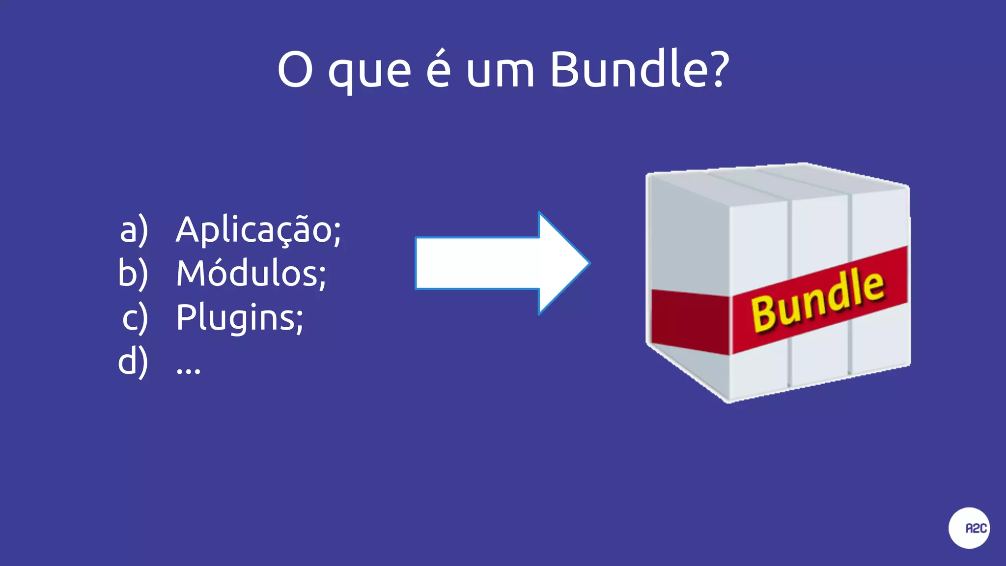 O que é um Bundle?
a) Aplicação;
b) Módulos;
c) Plugins;
d) ...
 