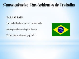 Consequências Dos Acidentes de Trabalho
PARA O PAÍS
Um trabalhador a menos produzindo
um segurado a mais para bancar...
Todos nós acabamos pagando...
 