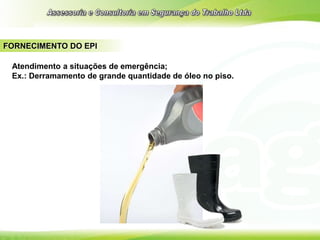 FORNECIMENTO DO EPI
Atendimento a situações de emergência;
Ex.: Derramamento de grande quantidade de óleo no piso.
 