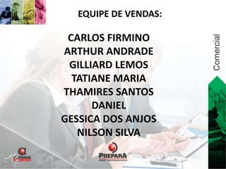 EQUIPE DE VENDAS: 
CARLOS FIRMINO 
ARTHUR ANDRADE 
GILLIARD LEMOS 
TATIANE MARIA 
THAMIRES SANTOS 
DANIEL 
GESSICA DOS ANJOS 
NILSON SILVA 
 
