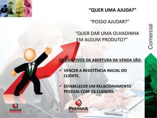 “QUER UMA AJUDA?” 
“POSSO AJUDAR?” 
“QUER DAR UMA OLHADINHA 
EM ALGUM PRODUTO?” 
OS OBJETIVOS DA ABERTURA DA VENDA SÃO: 
 VENCER A RESISTÊNCIA INICIAL DO 
CLIENTE. 
 ESTABELECER UM RELACIONAMENTO 
PESSOAL COM OS CLIENTES. 
 