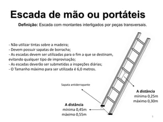 Escada de mão ou portáteis
Definição: Escada com montantes interligados por peças transversais.
A distância
mínima 0,25m
máximo 0,30m
A distância
mínima 0,45m
máximo 0,55m
- Não utilizar tintas sobre a madeira;
- Devem possuir sapatas de borracha;
- As escadas devem ser utilizadas para o fim a que se destinam,
evitando qualquer tipo de improvisação;
- As escadas deverão ser submetidas a inspeções diárias;
- O Tamanho máximo para ser utilizada é 6,0 metros.
Sapata antiderrapante
3
 