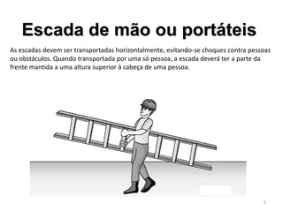 Escada de mão ou portáteis
As escadas devem ser transportadas horizontalmente, evitando-se choques contra pessoas
ou obstáculos. Quando transportada por uma só pessoa, a escada deverá ter a parte da
frente mantida a uma altura superior à cabeça de uma pessoa.
5
 