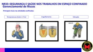 NR33–SEGURANÇA E SAÚDE NOS TRABALHOS EM ESPAÇO CONFINADO
Gerenciamento de Riscos
Principais riscos nas atividades confinadas:
Temperaturas (Calor e Frio) Engolfamento Vibração
 