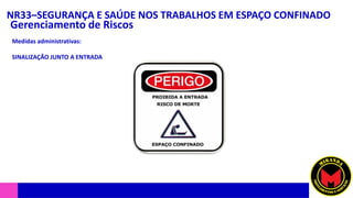 NR33–SEGURANÇA E SAÚDE NOS TRABALHOS EM ESPAÇO CONFINADO
Gerenciamento de Riscos
Medidas administrativas:
SINALIZAÇÃO JUNTO A ENTRADA
 