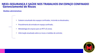 NR33–SEGURANÇA E SAÚDE NOS TRABALHOS EM ESPAÇO CONFINADO
Gerenciamento de Riscos
Medidas administrativas:
• Cadastro atualizado dos espaços confinados, incluindo os desativados;
• Procedimento de entrada em espaço confinado;
• Metodologia de arquivo para as PET’s (5 anos);
• Informação atualizada sobre os riscos e medidas de controle;
 