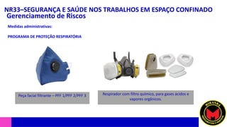 NR33–SEGURANÇA E SAÚDE NOS TRABALHOS EM ESPAÇO CONFINADO
Gerenciamento de Riscos
Medidas administrativas:
PROGRAMA DE PROTEÇÃO RESPIRATÓRIA
Peça facial filtrante – PFF 1/PFF 2/PFF 3 Respirador com filtro químico, para gases ácidos e
vapores orgânicos.
 