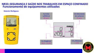NR33–SEGURANÇA E SAÚDE NOS TRABALHOS EM ESPAÇO CONFINADO
Funcionamento de equipamentos utilizados
Detector Multigases:
O₂ (Oxigênio)
20,9 – 23,0%
H₂S (Gás
sulfídrico)
08 ppm
CO (Monóxido
de carbono)
25 ppm
CH₄ (Metano)
< 10%
 