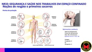 NR33–SEGURANÇA E SAÚDE NOS TRABALHOS EM ESPAÇO CONFINADO
Noções de resgate e primeiros socorros
Pontos de pulsação
Batimentos cardíacos
 