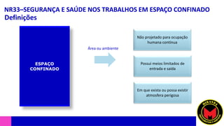 NR33–SEGURANÇA E SAÚDE NOS TRABALHOS EM ESPAÇO CONFINADO
Definições
Não projetado para ocupação
humana contínua
Possui meios limitados de
entrada e saída
Em que exista ou possa existir
atmosfera perigosa
ESPAÇO
CONFINADO
Área ou ambiente
 