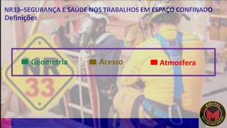 NR33–SEGURANÇA E SAÚDE NOS TRABALHOS EM ESPAÇO CONFINADO
Definições
Geometria Acesso Atmosfera
 