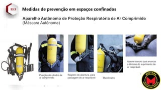 33.5.17.2 O acesso ao espaço confinado com atmosfera
Imediatamente Perigosa à Vida ou à Saúde – IPVS somente é
permitido com a utilização de máscara autônoma de demanda com
pressão positiva ou com respirador de linha de ar comprimido com
cilindro auxiliar para escape.
Posição do cilindro de
ar comprimido Manômetro
Registro de abertura, para
passagem de ar respirável
Alarme sonoro que anuncia
o término do suprimento de
ar respirável.
Aparelho Autônomo de Proteção Respiratória de Ar Comprimido
(Máscara Autônoma)
 