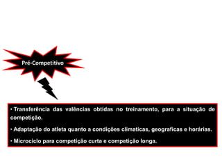 Pré-Competitivo
• Transferência das valências obtidas no treinamento, para a situação de
competição.
• Adaptação do atleta quanto a condições climaticas, geograficas e horárias.
• Microciclo para competição curta e competição longa.
 
