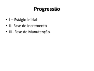Progressão
• I – Estágio Inicial
• II- Fase de Incremento
• III- Fase de Manutenção
 