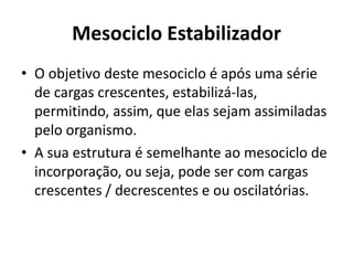 Mesociclo Estabilizador
• O objetivo deste mesociclo é após uma série
de cargas crescentes, estabilizá-las,
permitindo, assim, que elas sejam assimiladas
pelo organismo.
• A sua estrutura é semelhante ao mesociclo de
incorporação, ou seja, pode ser com cargas
crescentes / decrescentes e ou oscilatórias.
 