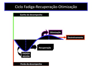 Ciclo Fadiga-Recuperação-Otimização
Ganho do desempenho
Perda do desempenho
Destreinamento
Otimização
Recuperação
FADIGA
AGUDA
 