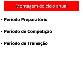 Montagem do ciclo anual
• Período Preparatório
• Período de Competição
• Período de Transição
 