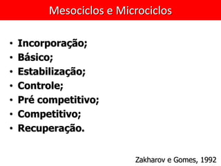 Mesociclos e Microciclos
• Incorporação;
• Básico;
• Estabilização;
• Controle;
• Pré competitivo;
• Competitivo;
• Recuperação.
Zakharov e Gomes, 1992
 