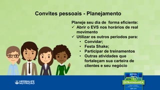 Convites pessoais - Planejamento
Planeje seu dia de forma eficiente:
 Abrir o EVS nos horários de real
movimento
 Utilizar os outros períodos para:
• Convidar;
• Festa Shake;
• Participar de treinamentos
• Outras atividades que
fortaleçam sua carteira de
clientes e seu negócio
 