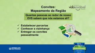 Convites:
Mapeamento da Região
Quantas pessoas ao redor de nosso
EVS sabem que nós estamos ali?
 Estabelecer parcerias
 Conhecer a vizinhança
 Entregar os convites
pessoalmente
 