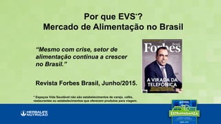 “Mesmo com crise, setor de
alimentação continua a crescer
no Brasil.”
Revista Forbes Brasil, Junho/2015.
Por que EVS*?
Mercado de Alimentação no Brasil
* Espaços Vida Saudável não são estabelecimentos de varejo, cafés,
restaurantes ou estabelecimentos que oferecem produtos para viagem.
 