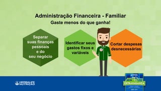 Gaste menos do que ganha!
Administração Financeira - Familiar
Separar
suas finanças
pessoais
e do
seu negócio
Identificar seus
gastos fixos e
variáveis
Cortar despesas
desnecessárias
 