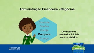 Confronte os
resultados iniciais
com os obtidos
Administração Financeira - Negócios
Controle
Confira
Corrija
Compare
Cresça
 