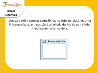 Tabela
Dinâmica
Use para exibir campos como linhas no lado do relatório. Uma
linha mais baixa em posição é aninhada dentro de outra linha
imediatamente acima dela.
 
