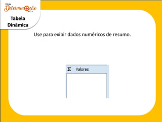 Tabela
Dinâmica
Use para exibir dados numéricos de resumo.
 