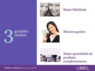 Maior fidelidade




 3           grandes
             razões:
                                         Maiores ganhos




                                         Maior quantidade de
                                         produtos
                                         complementares

Toda a ciência somente para a sua pele
 