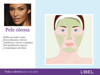 Pele oleosa
_Brilho em todo o rosto
_Poros dilatados, visíveis
_Tendência a cravos e espinhas
_Pele geralmente espessa
_A maquiagem não dura




Toda a ciência somente para a sua pele
 