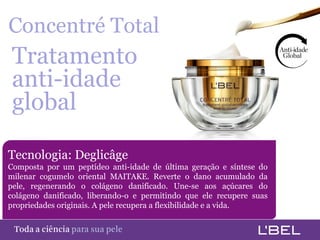Concentré Total
 Tratamento
 anti-idade
 global

Tecnologia: Deglicâge
Composta por um peptídeo anti-idade de última geração e síntese do
milenar cogumelo oriental MAITAKE. Reverte o dano acumulado da
pele, regenerando o colágeno danificado. Une-se aos açúcares do
colágeno danificado, liberando-o e permitindo que ele recupere suas
propriedades originais. A pele recupera a flexibilidade e a vida.


Toda a ciência somente para a sua pele
 