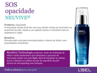 SOS
   opacidade
   NEUVIVESI
  Problema: Opacidade
  A renovação celular lenta faz com que células mortas se acumulem na
  superfície da pele, dando e um aspecto opaco e marcando mais as
  asperezas e rugas.

  Benefício:
  Permite exibir uma pele renovada desde o interior da célula, com
  propriedades hidratantes.



    Biosilicio Technologie, poderosa        fusão de moléculas de
    silício e ácido hialurônico que estimulam o processo de
    renovação celular em mais 63%, além de fortalecer as células
    novas e eliminar as células mortas da superfície da pele
    através de micropeeling sem irritação.


Toda a ciência somente para a sua pele
 