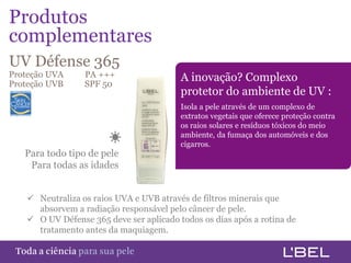 1
Produtos
complementares
UV Défense 365
Proteção UVA          PA +++               A inovação? Complexo
Proteção UVB          SPF 50
                                           protetor do ambiente de UV :
                                           Isola a pele através de um complexo de
                                           extratos vegetais que oferece proteção contra
                                           os raios solares e resíduos tóxicos do meio
                                           ambiente, da fumaça dos automóveis e dos
                                           cigarros.
    Para todo tipo de pele
     Para todas as idades


      Neutraliza os raios UVA e UVB através de filtros minerais que
       absorvem a radiação responsável pelo câncer de pele.
      O UV Défense 365 deve ser aplicado todos os dias após a rotina de
       tratamento antes da maquiagem.

Toda a ciência somente para a sua pele
 