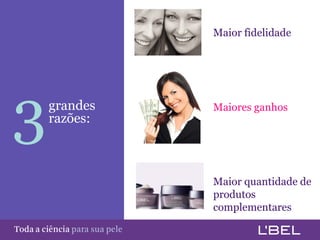Maior fidelidade




 3           grandes
             razões:
                                         Maiores ganhos




                                         Maior quantidade de
                                         produtos
                                         complementares

Toda a ciência somente para a sua pele
 