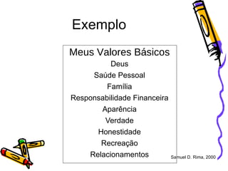 Exemplo Meus Valores Básicos Deus Saúde Pessoal Família Responsabilidade Financeira Aparência Verdade Honestidade Recreação Relacionamentos Samuel D. Rima, 2000 
