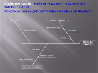 PARÂMETRO PADRÃO – PERDA DE FERMENTO – FERMENTO NAS
DORNAS: 10 A 12%
PRINCIPAIS CAUSAS QUE CONTRIBUEM PARA PERDA DE FERMENTO:
PERDA DE
FERMENTO
DESCARTES CENTRIFUGAÇÃO
RUPTURA DA CÉLULA
Fundo de Dorna
Separadoras Sujas
Floculação
Bicos
Trat. Ácido
Temp. de Processo
Tempo de Espera
 