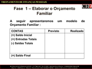 A seguir apresentaremos um modelo de Orçamento Familiar : Fase  1 – Elaborar o Orçamento Familiar TREINAMENTO DE FINANÇAS PESSOAIS CONTAS Previsto   Realizado (+) Saldo Inicial (+) Entradas Totais (-) Saídas Totais (=) Saldo Final 