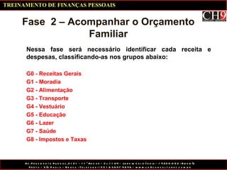 Fase  2 – Acompanhar o Orçamento Familiar Nessa fase será necessário identificar cada receita e despesas, classificando-as nos grupos abaixo: G0 - Receitas Gerais G1 - Moradia G2 - Alimentação G3 - Transporte G4 - Vestuário G5 - Educação G6 - Lazer G7 - Saúde G8 - Impostos e Taxas TREINAMENTO DE FINANÇAS PESSOAIS 