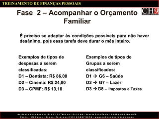 Fase  2 – Acompanhar o Orçamento Familiar É preciso se adaptar às condições possíveis para não haver desânimo, pois essa tarefa deve durar o mês inteiro. Exemplos de tipos de  despesas a serem  classificadas: D1 – Dentista: R$ 86,00 D2 – Cinema: R$ 24,00 D3 – CPMF: R$ 13,10 Exemplos de tipos de  Grupos a serem  classificados: D1    G6 – Saúde D2    G7 – Lazer D3   G8 –  Impostos e Taxas TREINAMENTO DE FINANÇAS PESSOAIS 