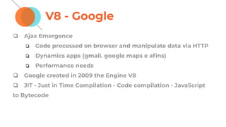 V8 - Google
❏ Ajax Emergence
❏ Code processed on browser and manipulate data via HTTP
❏ Dynamics apps (gmail. google maps e aﬁns)
❏ Performance needs
❏ Google created in 2009 the Engine V8
❏ JIT - Just in Time Compilation - Code compilation - JavaScript
to Bytecode
 
