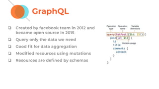 GraphQL
❏ Created by facebook team in 2012 and
became open source in 2015
❏ Query only the data we need
❏ Good ﬁt for data aggregation
❏ Modiﬁed resources using mutations
❏ Resources are deﬁned by schemas
 