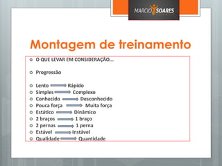 Montagem de treinamento
 O QUE LEVAR EM CONSIDERAÇÃO...
 Progressão
 Lento Rápido
 Simples Complexo
 Conhecido Desconhecido
 Pouca força Muita força
 Estático Dinâmico
 2 braços 1 braço
 2 pernas 1 perna
 Estável Instável
 Qualidade Quantidade
 