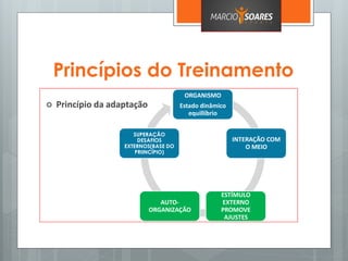 Princípios do Treinamento
 Princípio da adaptação
ORGANISMO
Estado dinâmico
equillíbrio
INTERAÇÃO COM
O MEIO
ESTÍMULO
EXTERNO
PROMOVE
AJUSTES
AUTO-
ORGANIZAÇÃO
SUPERAÇÃO
DESAFIOS
EXTERNOS(BASE DO
PRIINCÍPIO)
 