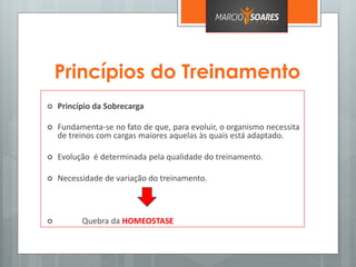 Princípios do Treinamento
 Princípio da Sobrecarga
 Fundamenta-se no fato de que, para evoluir, o organismo necessita
de treinos com cargas maiores aquelas às quais está adaptado.
 Evolução é determinada pela qualidade do treinamento.
 Necessidade de variação do treinamento.
 Quebra da HOMEOSTASE
 