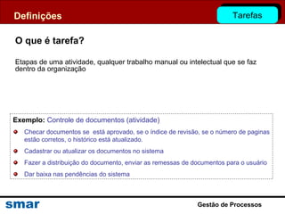 O que é tarefa?
Etapas de uma atividade, qualquer trabalho manual ou intelectual que se faz
dentro da organização
Definições
Exemplo: Controle de documentos (atividade)
Checar documentos se está aprovado, se o índice de revisão, se o número de paginas
estão corretos, o histórico está atualizado.
Cadastrar ou atualizar os documentos no sistema
Fazer a distribuição do documento, enviar as remessas de documentos para o usuário
Dar baixa nas pendências do sistema
Gestão de Processos
Tarefas
 